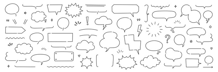 Fototapeta premium Line frame text speech bubble set. Line balloon frame design talk speech bubble frame. Comic japan style design background text dialog balloon, simple doodle cloud, box border. Vector illustration