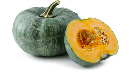A green pumpkin with a yellow stem and seeds. The pumpkin is cut in half, revealing the seeds and the stem