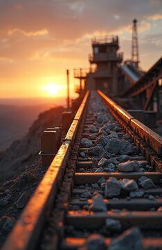 Conveyor belt transports stones at sunset. Long line of rusty metal engineering construction. Conveyer transports rocks from quarry to mine. Stone crushing equipment works at mining processing plant.