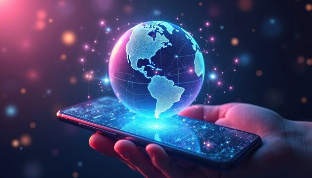 Smartphone with holographic earth globe above screen. Digital connection with satellite wireless network tech. Mobile global internet communication using cloud service. Worldwide online business,