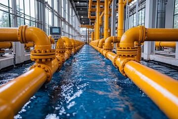 Industrial water pipes in facility with bright yellow piping and clear blue water create striking visual. setting emphasizes modern infrastructure and technology
