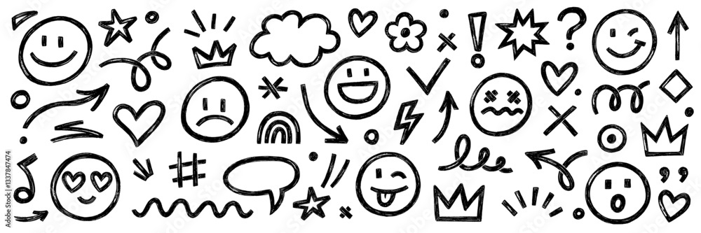 Fototapete Smile brush hand drawn vector element set. Emoji fun face, heart, crown symbol crayon texture marker background kid sketch style hand drawn element. Color smiley face, arrow. Vector illustration