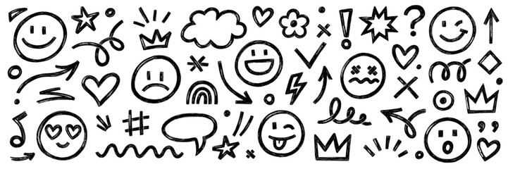 Smile brush hand drawn vector element set. Emoji fun face, heart, crown symbol crayon texture marker background kid sketch style hand drawn element. Color smiley face, arrow. Vector illustration