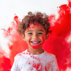 A young boy captured dynamically, his smile radiating happiness. Bright red powder bursts into the background
