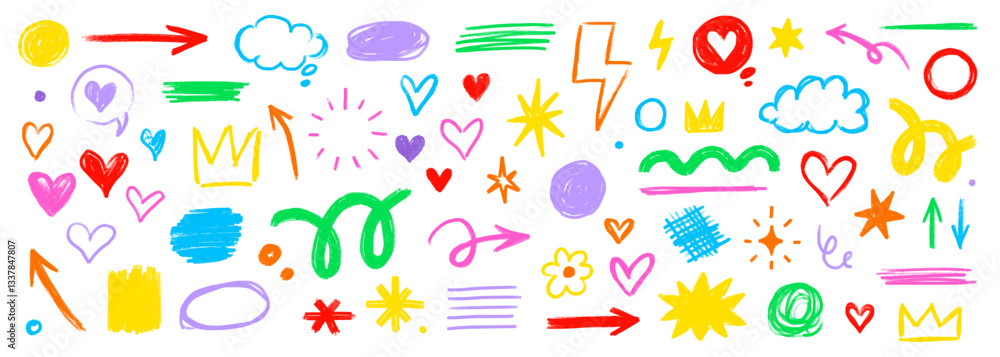 Aufkleber Pencil brush shape line element set. Hand drawn sketch doodle crayon kid chalk texture color element arrow,.heart, crown shape. Chalk pencil brush texture background. Vector illustration