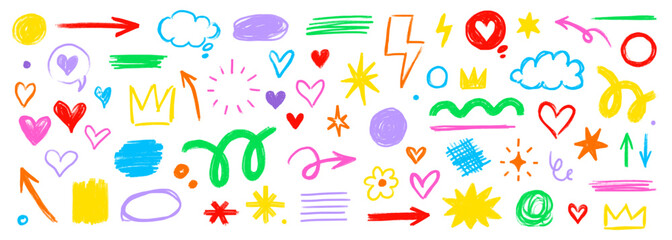 Pencil brush shape line element set. Hand drawn sketch doodle crayon kid chalk texture color element arrow,.heart, crown shape. Chalk pencil brush texture background. Vector illustration
