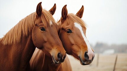 A beautiful portrait of two horses standing close, their heads leaning into each other, their connection radiating warmth and serenity against a white backdrop