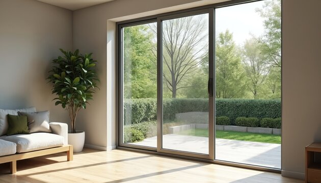 Fototapeta Modern living room with large sliding glass doors, aluminium frame. View of garden, natural light. Interior design sofa, plant, wooden floor. Home, apartment, residential building, nature concept.