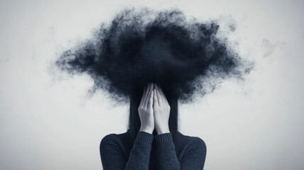 person with cloud of dark smoke obscuring their head, symbolizing mental health struggles and depression. image conveys sense of emotional turmoil and introspection