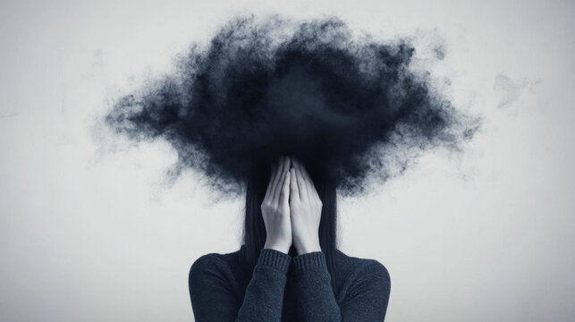 person with cloud of dark smoke obscuring their head, symbolizing mental health struggles and depression. image conveys sense of emotional turmoil and introspection
