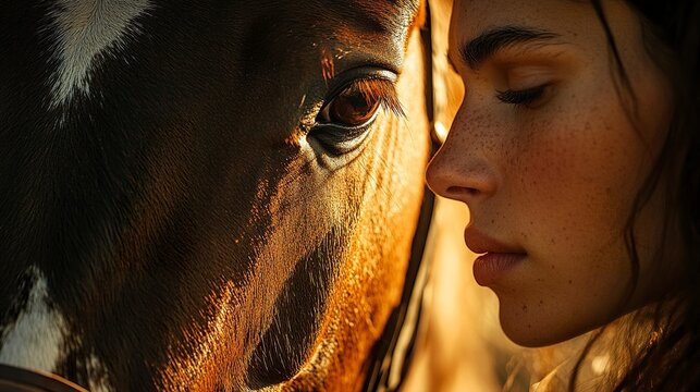 A beautifully lit close-up of a brown horse face