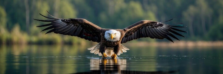 Naklejka premium Majestic bald eagle landing on serene lake with wings spread wide in golden light