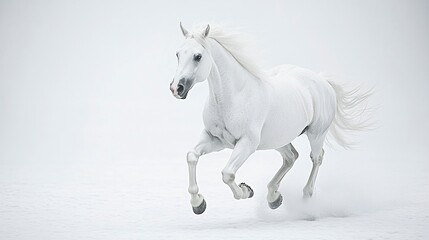 Obraz premium A breathtaking action shot of a white horse running freely, its mane lifted by the wind, every detail of its movement frozen against a seamless white background 
