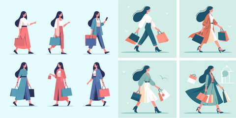 collection of woman carrying shopping bags. vector illustration