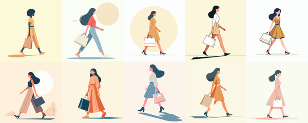 collection of woman carrying shopping bags. vector illustration