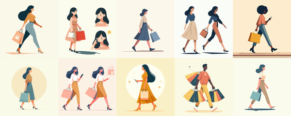 collection of woman carrying shopping bags. vector illustration