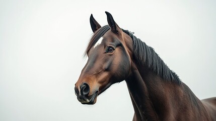 Obraz premium A breathtaking close-up of a horse's head shaking side to side, its ears flicked back, nostrils flared, and expression intense, isolated against a white background 