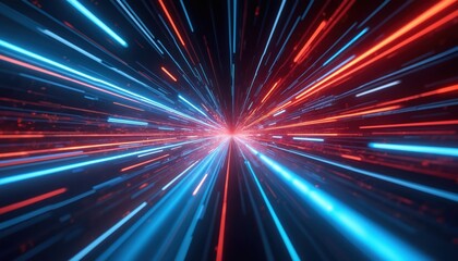 Futuristic speedy motion with blue, red light rays on abstract dark background. Ai generated wallpaper cyberspace digital design. Neon light streaks, technology, bright power, light movement, tech