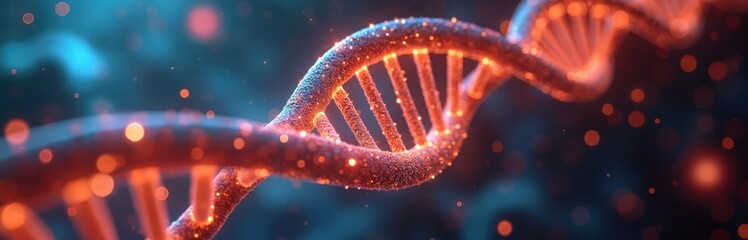 Glowing DNA helix floats in mid-air, surrounded by bokeh particles, blurred digital elements. Helix strand vibrant with orange, turquoise colors. Futuristic biotech background for science,