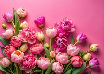 Obraz premium Spring Floral Flat Lay: Pink Gradient Peonies & Tulips