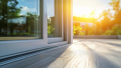 Modern sliding patio doors leading to a sunny backyard