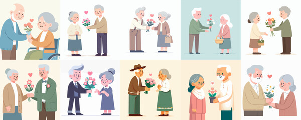 Grandpa giving a flower to grandma. World Grandparents Day