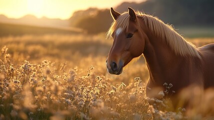Fototapeta premium A brown Welsh pony stands still in the twilight, the last rays of sun casting a golden shimmer over the high grass, a tranquil countryside view 