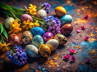 Obraz premium Springtime Eggs & Flowers: Decorative Easter Arrangement on Textured Background