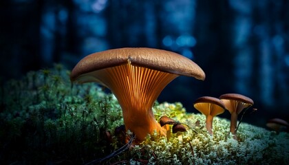 Fototapeta premium bioluminescent mushrooms in the dark of the forest brown fungal growth