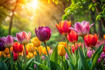 Obraz premium Spring Tulips in Sunlit Garden - Vibrant Bloom Photography