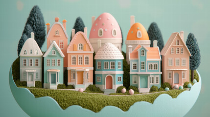 Naklejka premium Miniature colorful houses arranged whimsical landscape, showcasing pastel colors and charming designs, evoke playful