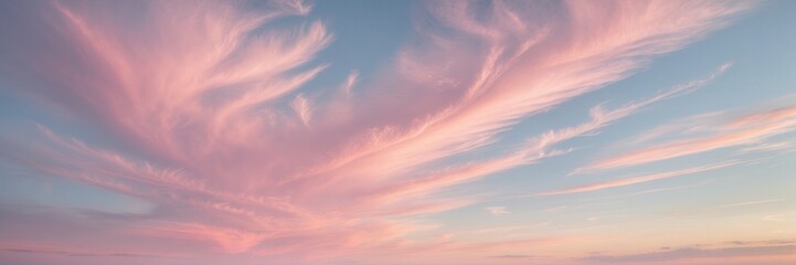 Obraz premium Whispers of dawn: Soft pink clouds drift across a tranquil sky, aerial vista