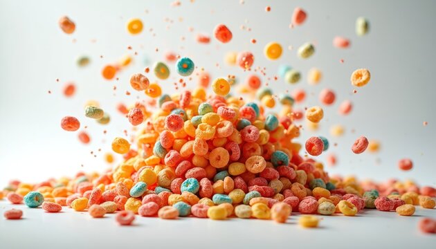 Exploding fruity colorful cereal pebbles rings with flying pieces isolated on white background. Vibrant breakfast food composition with depth of field, playful dynamic mood. Sweet, photogenic snack.