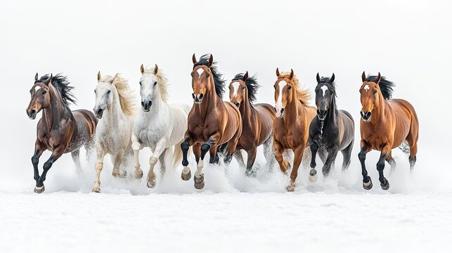 A captivating scene of seven powerful horses running at full speed, their expressions fierce and determined, dynamically framed against a pristine white backdrop 