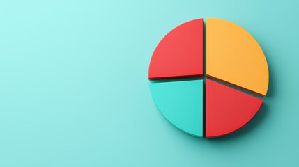 Fototapeta premium Pie chart with four colorful sections on a blue background. Concept of data analysis, statistics, and market share.