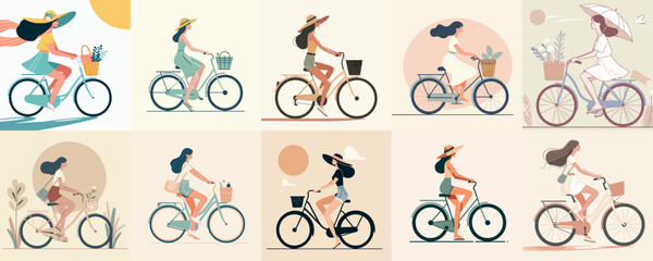 illustration of Girl riding a bike in summer