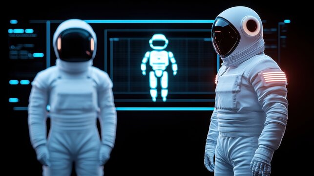 Two astronauts in futuristic suits with a holographic display of a robotic figure behind them. - Powered by Adobe