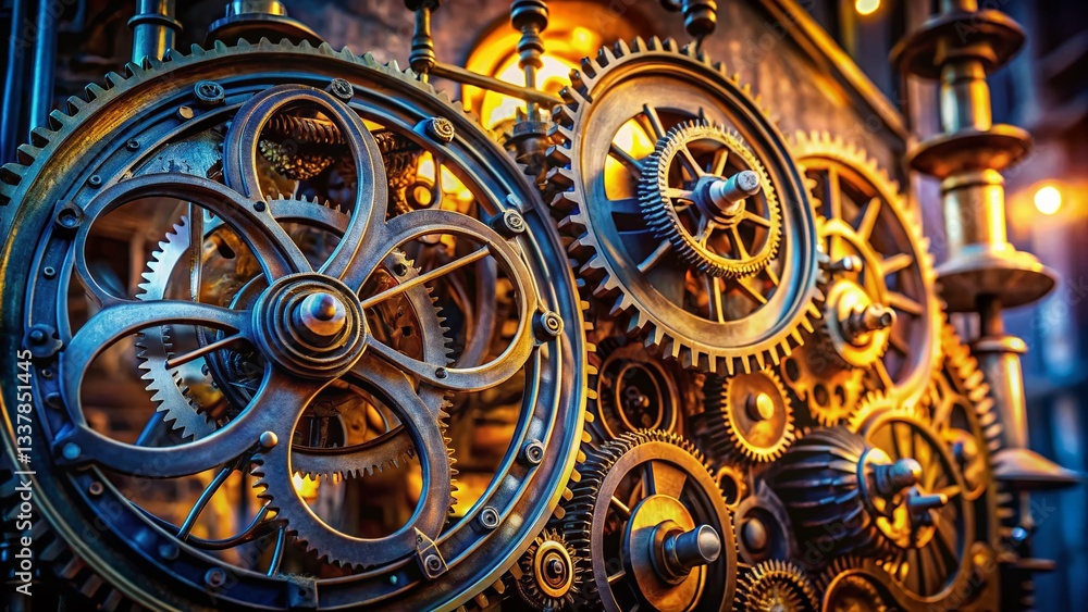 Poster steampunk clockwork: intricate cogs and coiled spring mechanism architectural detail