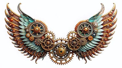 Steampunk Wings: Futuristic Mechanical Wings Isolated on White Background - Stock Photo