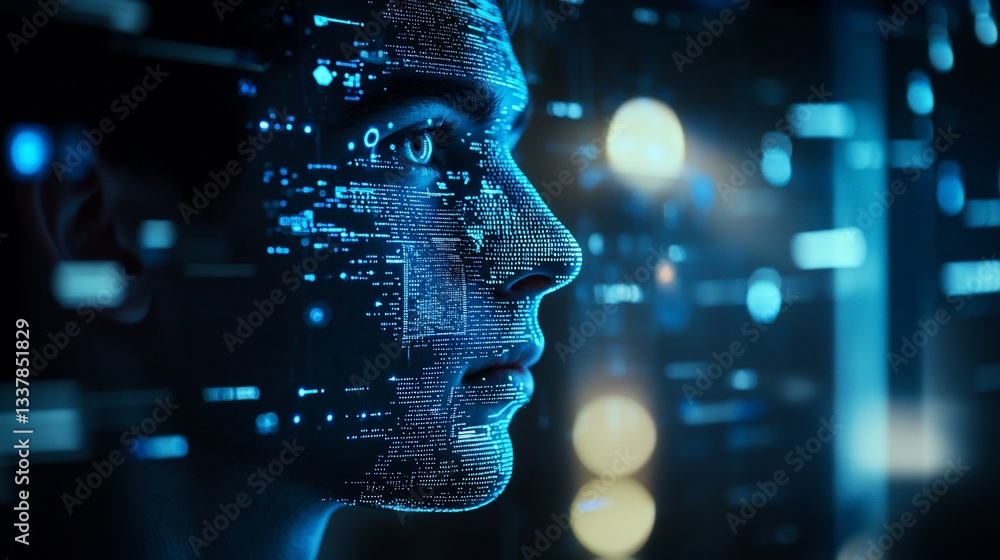 Poster digital human face with glowing data points, artificial intelligence concept