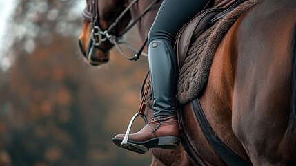 A close-up of a riderâ€™s boots in stirrups, securely seated on a bay horse, with detailed equestrian gear and tack in focus
