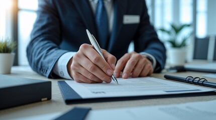 Businessman signing a contract with a pen on the table during agreement conclusion