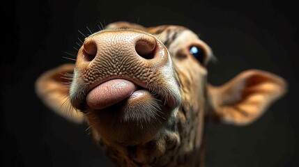 A cow licking its nose, candid pose, close-up shot, well-balanced lighting 