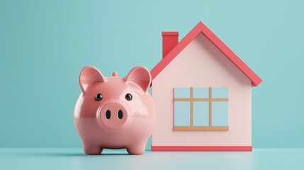 Piggy bank and house model on blue background. Concept of saving money for a home, mortgage, or real estate investment.