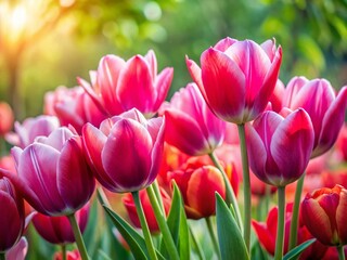 Obraz premium Stunning Close-up of Vibrant Red and Pink Tulips Blooming in Spring Garden