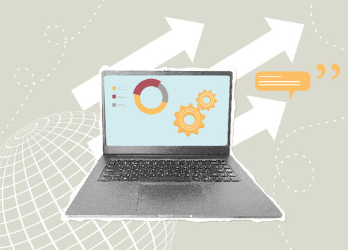 Trendy halftone collage. Global Business Growth. Investment analysis concept, financial chart, currency exchange. 