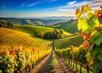 Naklejka premium Stunning Macro Vineyard Landscape: Rolling Hills, Blue Sky, Grapevines