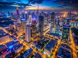Obraz premium Stunning Night City Skyline Drone Shot with Blank Advertising Space