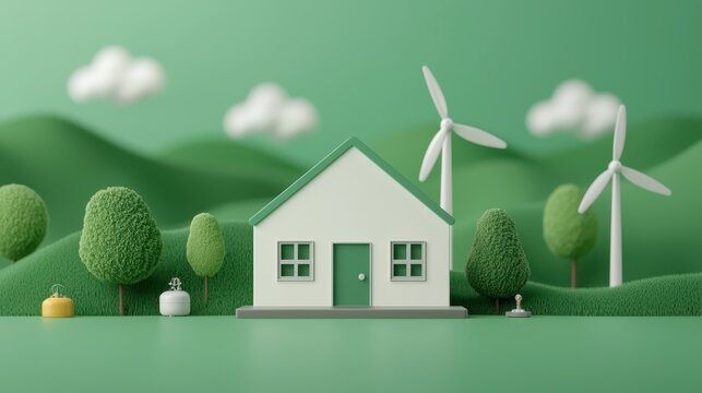 Eco friendly house with wind turbines and trees. Concept of green energy, sustainability, and environmental awareness.