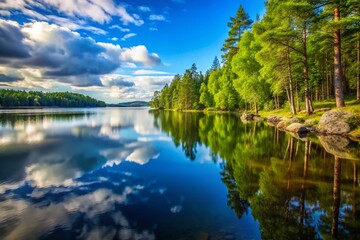 Obraz premium Stunning Swedish Summer Lake: Long Exposure Photography of Calm Waters and Blue Sky